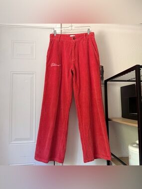 ELWOOD red coral cotton corduroy wide straight leg logo embroidered pants